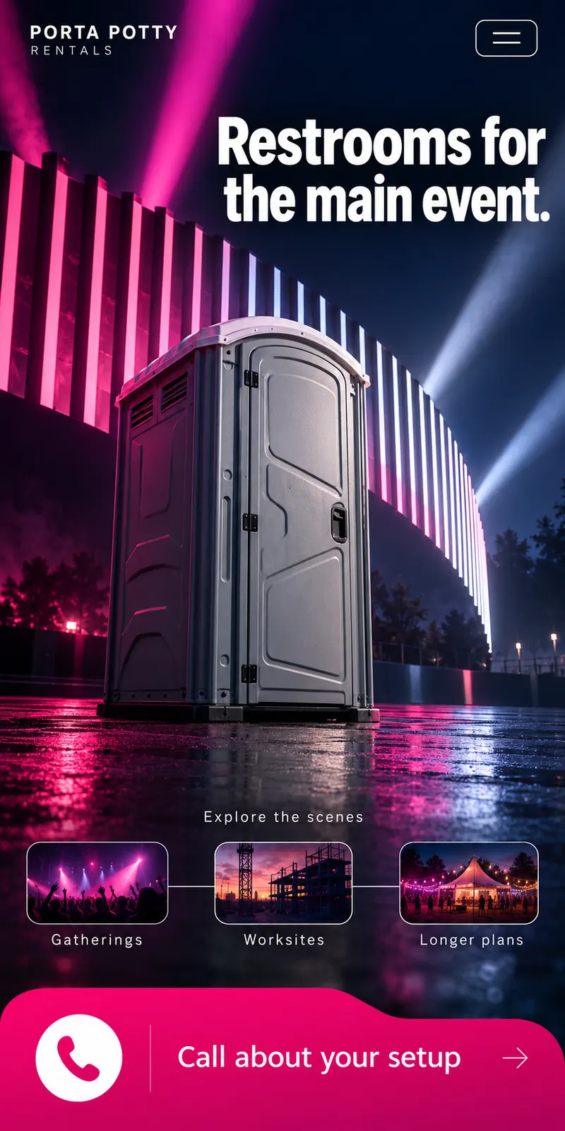 Portable toilet beneath magenta stage lighting in an outdoor event illustration